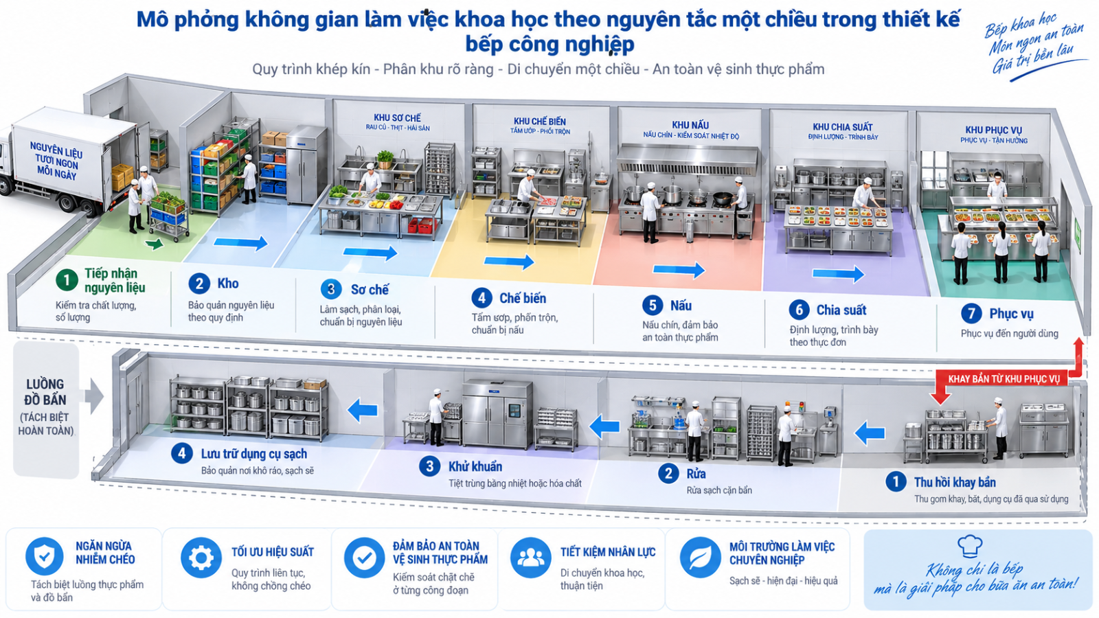 Sơ đồ bố trí khu bếp công nghiệp đạt tiêu chuẩn một chiều giúp tăng tốc độ phục vụ